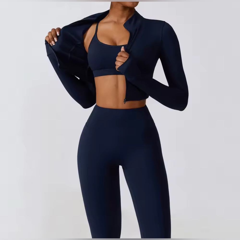 Dark Navy Blue Activewear 3Pc Gym Yoga Set XS/S